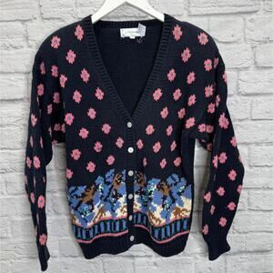 Vintage J Christopher Cardigan Sweater Size L Navy Blue Pink Cottagecore Womens